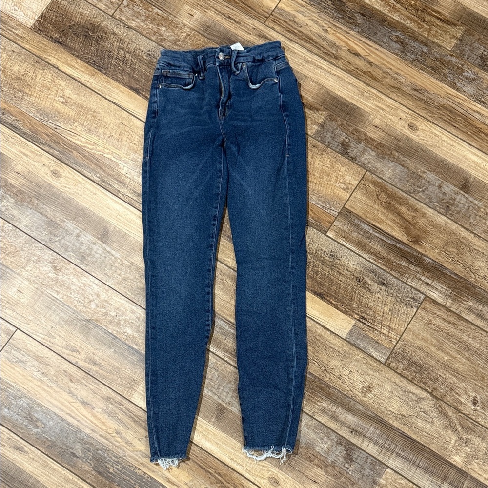 Good American Good Legs High Rise Raw Hem Skinny Jeans Blue 0/25 GLRE941T